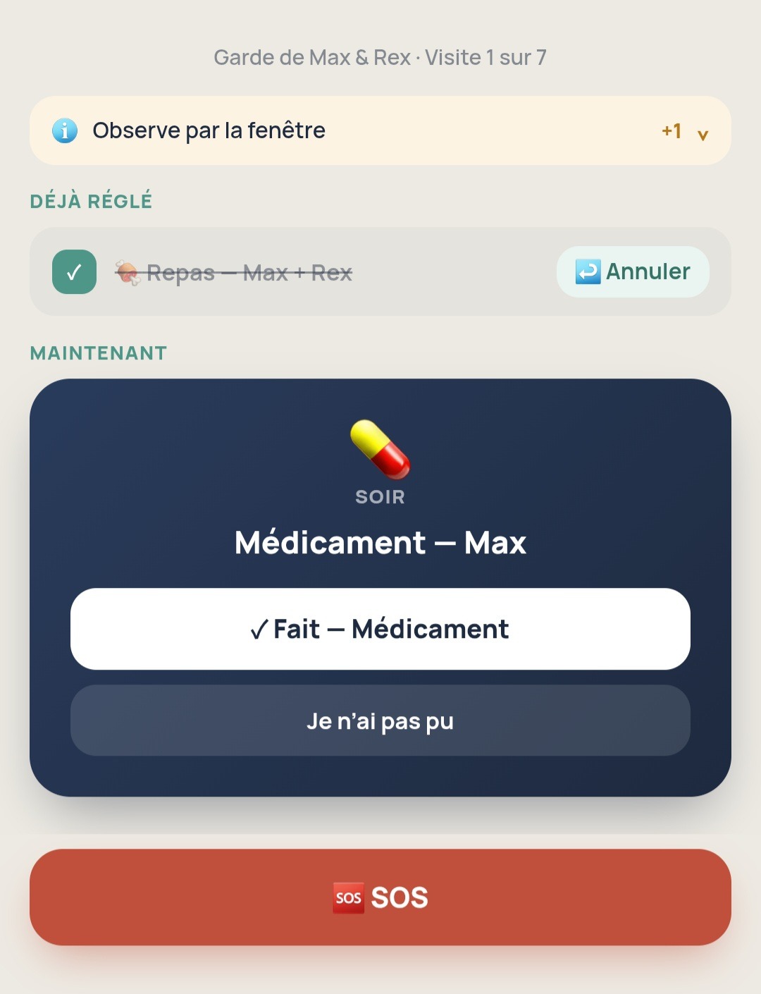 Écran vu par le gardien avec la tâche en cours (médicament), l'historique déjà réglé et le bouton SOS
