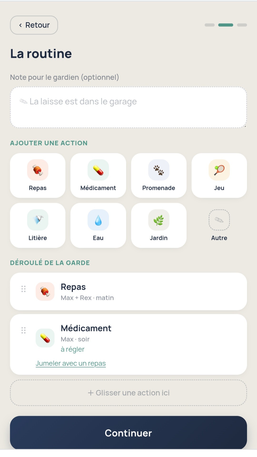 Écran de construction de la routine avec les actions disponibles (repas, médicament, promenade, jeu, litière, eau, jardin) et l'option jumeler avec un repas