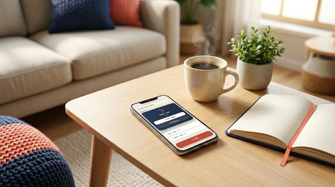 Un smartphone affichant l'application Kirout posé sur une table basse, entouré d'un café et d'une plante
