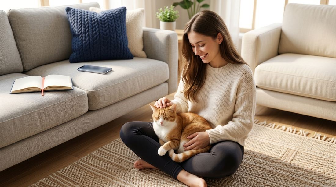 Une jeune femme caresse un chat blotti sur ses genoux dans un salon lumineux