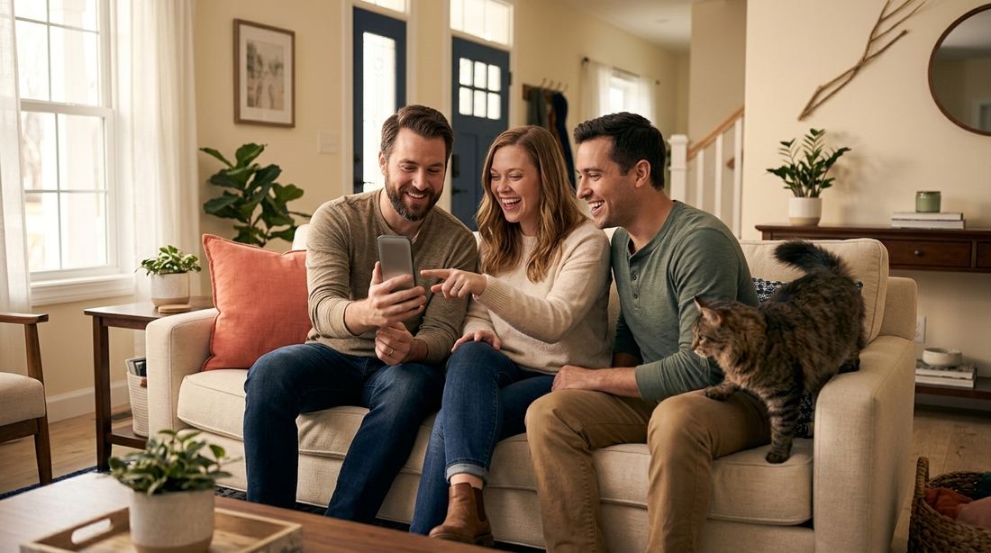 Trois amis consultent ensemble la routine de garde sur un téléphone, un chat curieux à côté d'eux