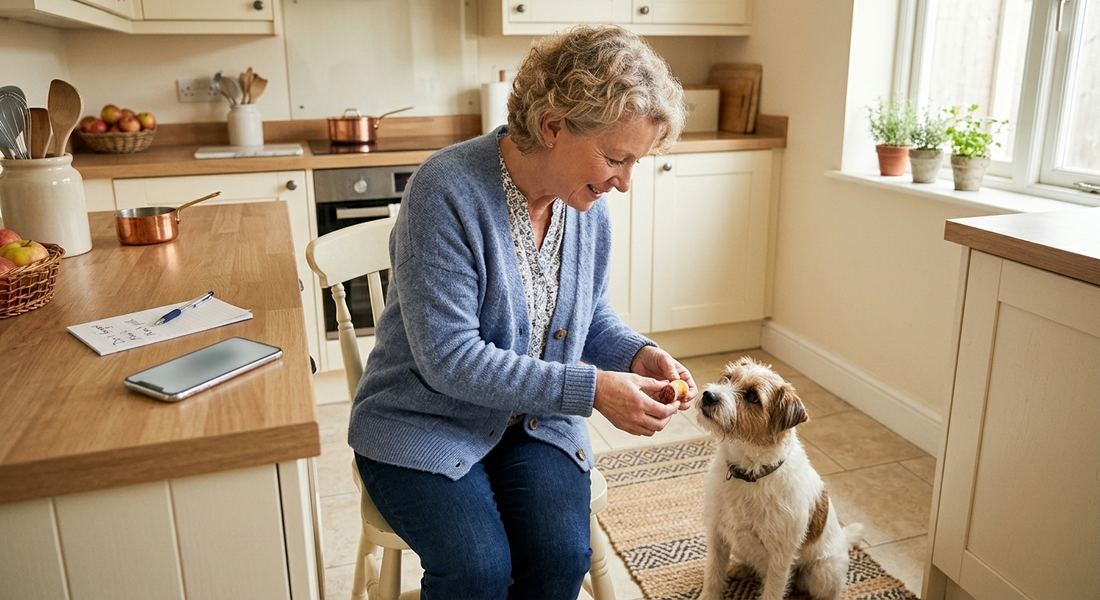 Une femme donne délicatement un médicament à un petit chien dans une cuisine lumineuse