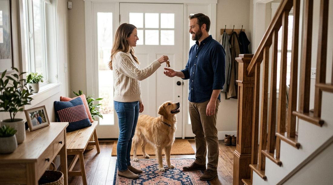 Une propriétaire remet les clés de la maison à la personne qui va garder son chien pendant son absence