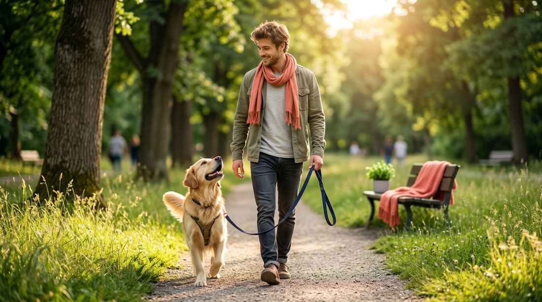 Un homme promène un golden retriever heureux dans un parc en fin d'après-midi