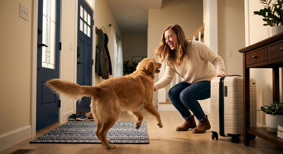 Une femme accueille avec joie son chien qui bondit vers elle à son retour de voyage, valise à la main